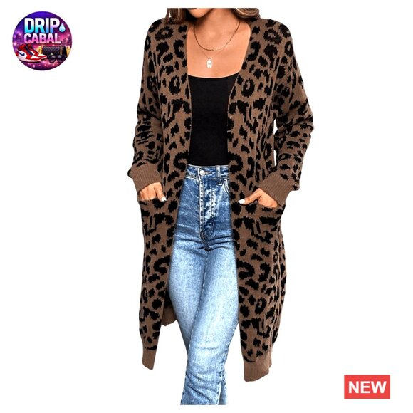 Leopard Print Open Front Long Cardigan Sweater Knit Outerwear with Pockets